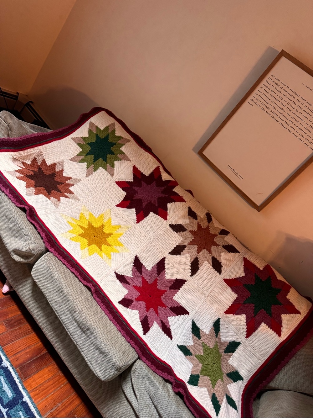 Handmade crochet point stars afghan blanket 77.5 by 45
